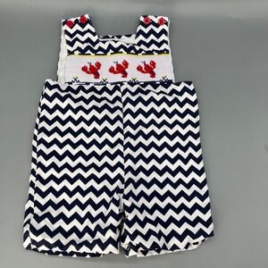 Remember Nguyen Smocked Jon Jon‎ 2T Lobster Blue Red Chevron Shortall Romper EUC